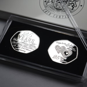 Pair of 25th Wedding Anniversary Silver & 24ct Gold Commemoratives in 50p Coin Display/Presentation Case and Gift Box. 25 Years Together.