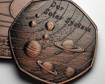 OUR SOLAR SYSTEM Antique Bronze Commemorative Coin. Planets/Stars/Sun/Moon Space/Universe Earth/Venus/Mars