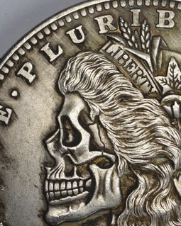 1897 Morgan Silver Dollar. Liberty/skull/death. Carved/hobo Coin