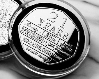 Zilveren herdenkingsmunt 21e verjaardag. In capsule. Cadeau/cadeau Zoon/dochterfeest/viering/ideeën ter ere van 21 jaar eenentwintig.