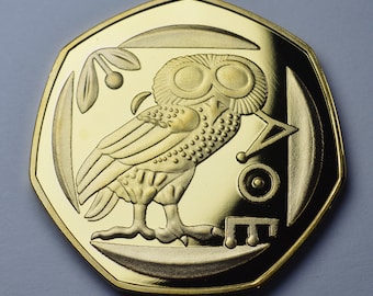 Antike griechische 'Eule der Athene' 24ct Gold Gedenkmünze. Athenische Tetradrachme Münze 450 BC. Reproduktion