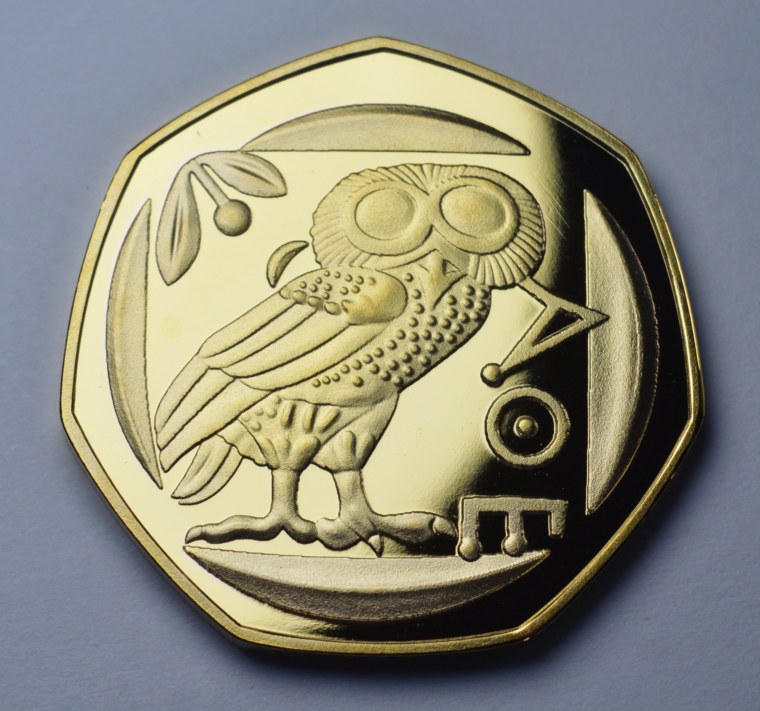 Ancient Greek 'Owl of Athena' 24ct Gold Commemorative. Athenian Tetradrachm Coin 450BC. Repr