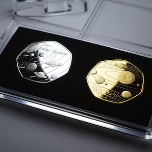 Pair of SOLAR SYSTEM Commemoratives in free standing 50p Coin display Case. Planets/Stars/Sun/Moon Space/Universe/Mars. Silver, 24ct Gold