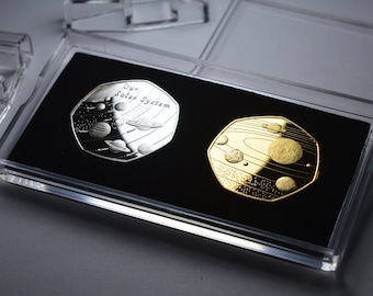 Pair of SOLAR SYSTEM Commemoratives in free standing 50p Coin display Case. Planets/Stars/Sun/Moon Space/Universe/Mars. Silver, 24ct Gold