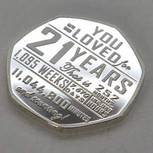 May include: A silver coin with the text "You Loved for 21 Years" and a breakdown of the time in years, months, days, hours, weeks, and minutes. The coin is a commemorative gift for a 21st anniversary.