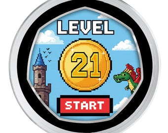 21st Birthday Full Colour Silver Commemorative Coin in Capsule. Celebrating 21 Years Present Retro/Gaming Congrats Son/Daughter/Grandson