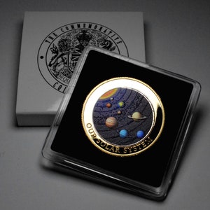 Our Solar System 'Dual Metal' Silver and 24ct Gold Commemorative Coin. Full Colour. Presentation Case. Moon, Mars, Earth, Sun, Space, Galaxy