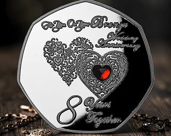 On Your 8th BRONZE WEDDING ANNIVERSARY Commemorative Coin with Gemstone. Silver. 8 Years of Marriage. Gift/Present for Couple Husband/Wife