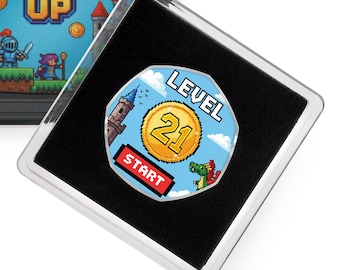 21st Birthday Full Colour Silver Commemorative Coin in Gift Case. Celebrating 21 Years Present Retro/Gaming Congrats Son/Daughter/Grandson
