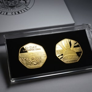 Pair of 24ct Gold WW2 Commemoratives in Gift Box/Case & Display/Presentation Stand. D-DAY Landings, VE Day. The Commemorative Coin Company.