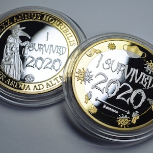 Pair of 'I SURVIVED 2020' Dual Metal Silver & 24ct Gold Commemoratives. Gift/Present/Novelty/Memento/Coin Lockdown/Covid/Corona/Coronavirus