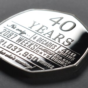 以下が含まれることがあります： 「40 YEARS」の文字と、週、日、分などの様々な時間の単位が刻まれた銀貨。 光沢のある反射面を持ち、暗い背景に配置されています。