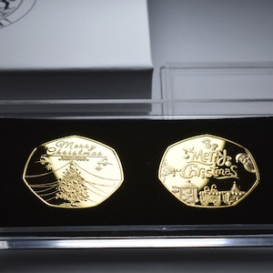 Pair of MERRY CHRISTMAS 24ct Gold Commemoratives in Case & Gift Box. Snowman/Reindeer/Tree Gift/Present Xmas/Festive Stocking Filler