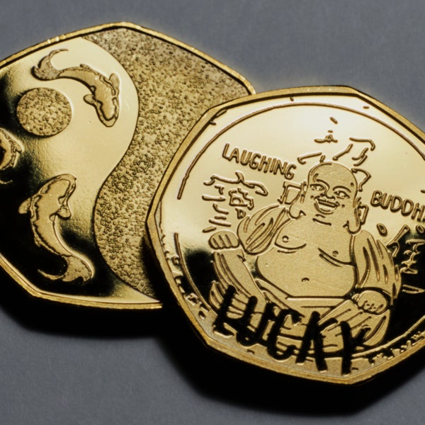 Brand New LAUGHING BUDDHA 24ct Gold Commemorative. Lucky Coin. Ying/Yang Wealth/Fortune/Luck Koi Fish. Gift/Present