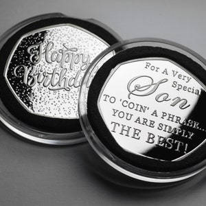 Happy Birthday Silver Commemorative in Capsule - For a Very Special Son. &#39;Coin a Phrase&#39;. Gift/Present. Best Son, From Mum/Dad