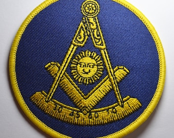 Large MASONIC Sew/Iron on Embroidered Patch. Square & Compasses, Sun. Masons/Freemasonry/Freemasons/Order/Lodge 75mm