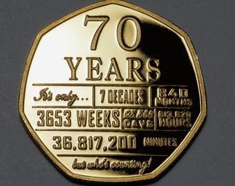 70th Birthday 24ct Gold Commemorative. Gift/Present Celebrating/Party/Ideas 70 Years Grandad/Grandma Coin Mum/Dad Who's Counting'