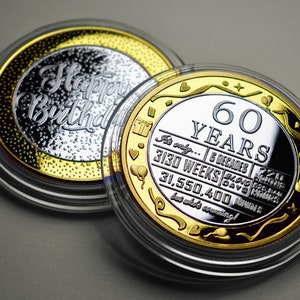 Commémorative du 60e anniversaire en métal argenté et or 24 carats. Cadeau/cadeau pour célébrer/soirée/idées 60 ans maman/papa/grand-père Pièce de monnaie/capsule soixante