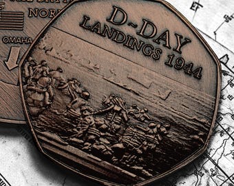 D-DAY LANDINGS 1944 Antique Bronze Commemorative Coin. WW2 Operation Overlord, Allied Invasions, Battle of Normandy, Omaha