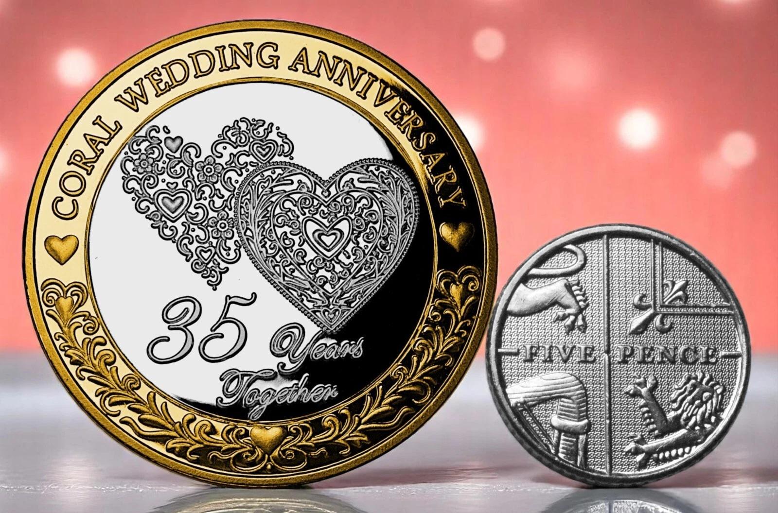 35th Coral Wedding Anniversary Dual Metal Commemorative Coin. Gift