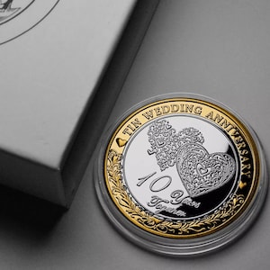 10e blikken huwelijksverjaardag dubbele metalen herdenkingsmunt. Geschenkdoos. Cadeau/cadeau partner/echtgenoot/vrouw/stel. 10 jaar samen.