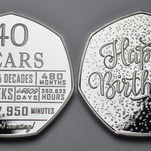 以下が含まれることがあります： 2つの銀貨。1つは「40 YEARS」と時間の計算、もう1つは筆記体で「Happy Birthday!」と書かれています。最初のコインには「It's only... 4 decades, 480 months, 2087 weeks, 14609 days, 350,632 hours, 21,037,950 minutes」と書かれています。