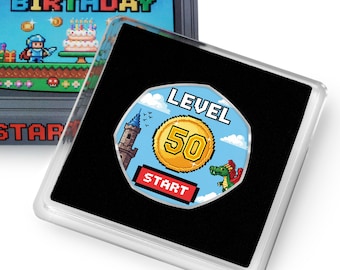 50th Birthday Full Colour Silver Commemorative Coin in Gift Case. Gift/Present Retro/Gaming Celebrating 50 Years Dad/Mom/Son/Daughter/Friend