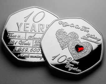 For You On Our 10th TIN WEDDING ANNIVERSARY Silver Commemorative. Red Diamante Gem. Gift/Present Husband/Wife/Partner. 10 Years Together.
