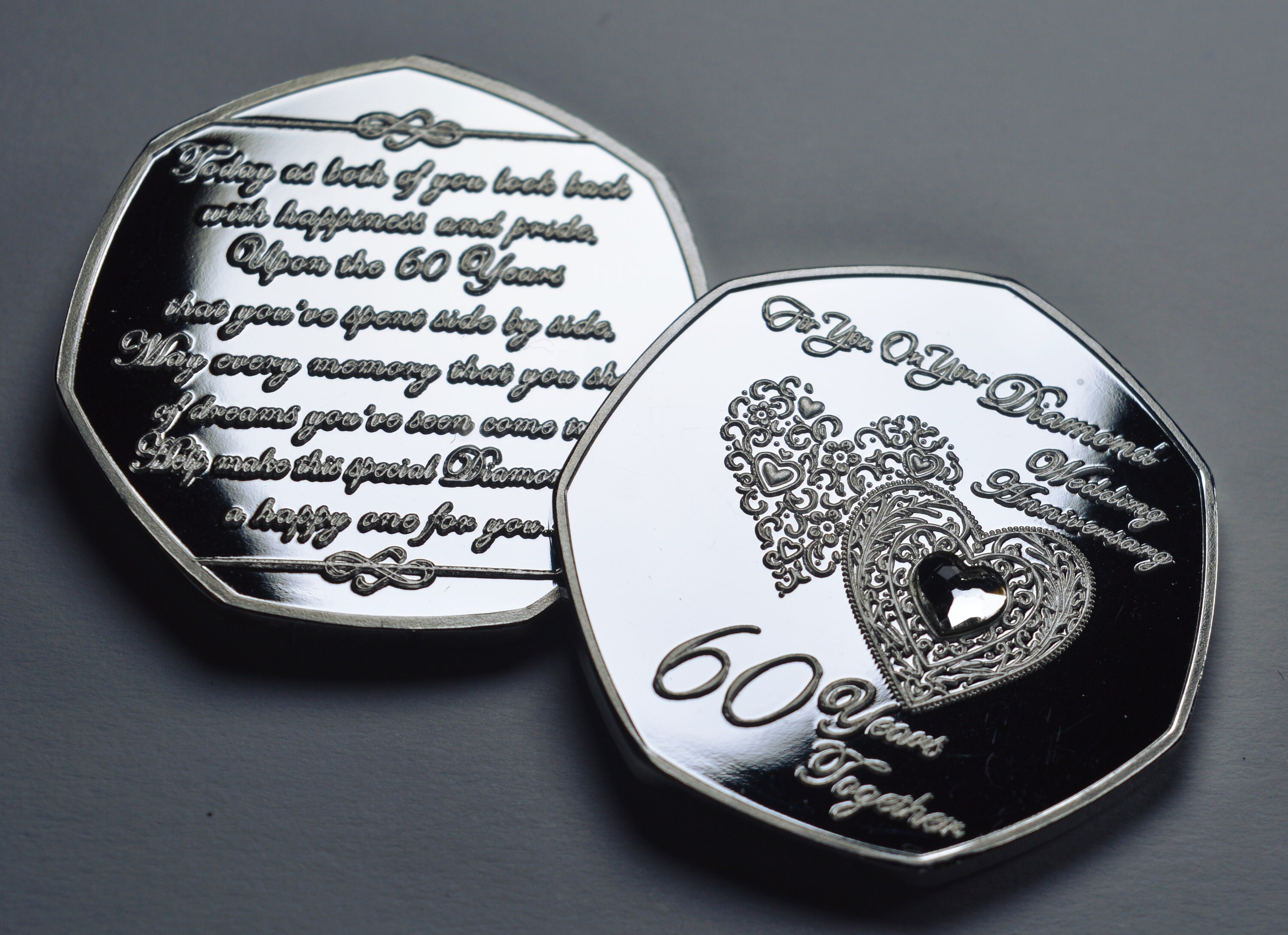 60° ANNIVERSARIO DI MATRIMONIO CON DIAMANTE Argento .999 commemorativo con pietra preziosa. Regalo/Presente 60 Sessant'anni insieme Sessantesimo - Italia