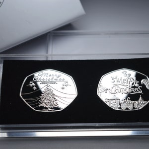 Pair of MERRY CHRISTMAS .999 Silver Commemoratives in Case & Gift Box. Snowman/Reindeer/Tree Gift/Present Xmas/Festive Stocking Filler