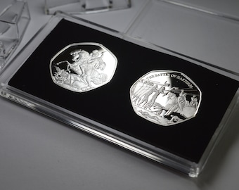 Pair of Silver Commemoratives in 50p Coin Display/Presentation Case. St George and the Dragon, The Battle of Hastings 1066.