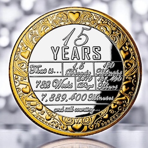 Moneda conmemorativa de cristal de doble metal para el 15.º aniversario de bodas. 15 años juntos. Regalo para pareja.