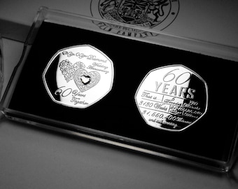 Pair of On Your 60th DIAMOND WEDDING ANNIVERSARY Commemoratives. Gift/Presentation Case/Box. Diamante Gemstone. 60 Years Together.