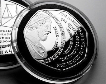 Marcus Aurelius Stoic/Stoicism Silver Commemorative Coin. Capsule. Cardinal Virtues. Gift/Present Token/Memento