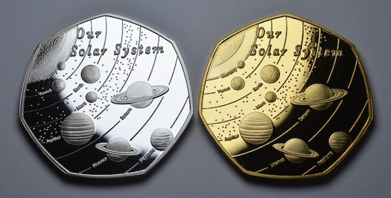 24ct Gold. Pair of OUR SOLAR SYSTEM Commemoratives in Capsules .999 Silver 