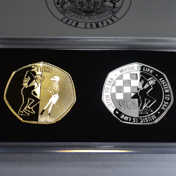 Pair of SKA Music 2TONE Silver & 24ct Gold Commemoratives in Display Case and Gift Box. Music Is Life, Listen to SKA. Reggae/Beat/Dub