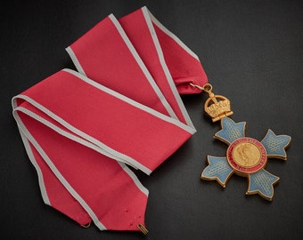 Full Size Replica Order of the British Empire CBE Medal. Civil Ribbon/Division/Honour. 24ct Gold, Enamel, 70cm Neck Ribbon.