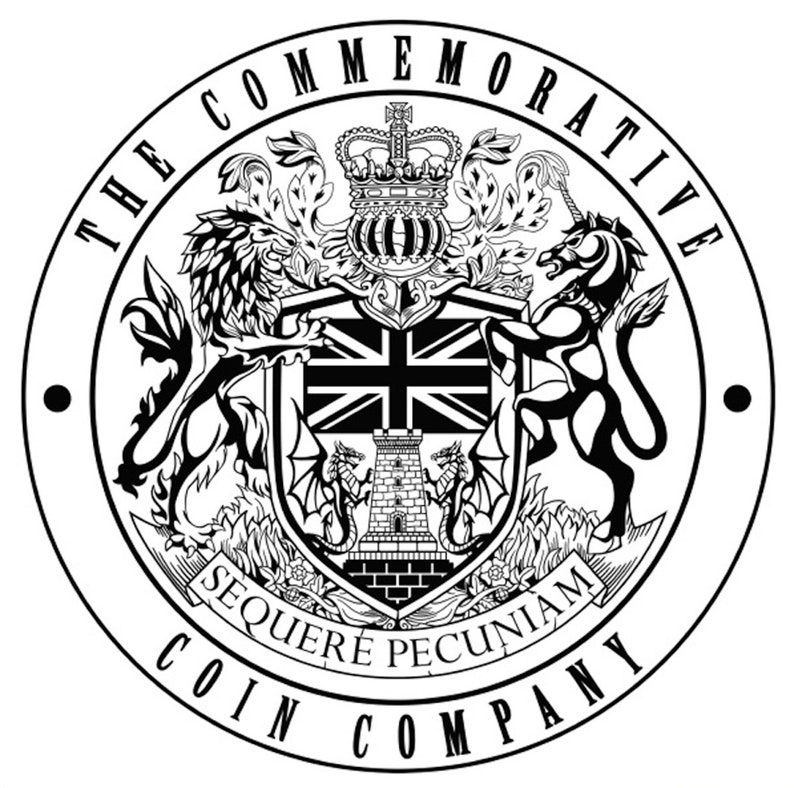 May include: Black and white illustration of a coat of arms with a crown, lion, unicorn, and the text "The Commemorative Coin Company Sequer&eacute; Pecuniam".