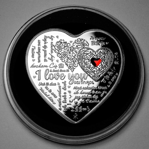 GRANDE carte commémorative en argent en forme de coeur « Je t'aime » pour la Saint-Valentin. Capsule/Gem. Mari/femme/petite amie/petit ami. Cadeau/cadeau