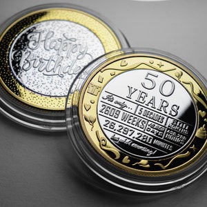 Commémorative du 50e anniversaire en métal argenté et or 24 carats. Cadeau/Cadeau pour célébrer/Fête/Idées Pièce de 50 ans Fils/Fille/Capsule Cinquante ans