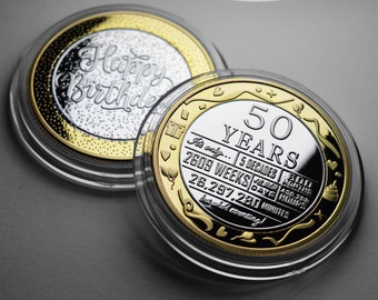 50th Birthday Dual Metal Silver & 24ct Gold Commemorative. Gift/Present Celebrating/Party/Ideas 50 Years Son/Daughter Coin/Capsule Fifty