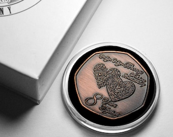 On Your 8th BRONZE WEDDING ANNIVERSARY Commemorative Coin in Gift Box. Bronze. Gift/Present for Couple Husband/Wife 8 Years of Marriage