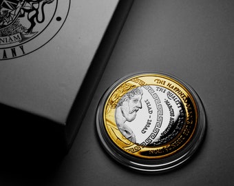 Marcus Aurelius Stoic/Stoicism Dual Metal Silver & 24ct Gold Commemorative Coin. Gift/Presentation Box. Gift/Present Token/Memento