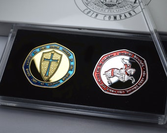 Paar Freimaurer Knights Templar Silber & 24 Karat Gold Gedenkfeiern - Präsentationsständer und Geschenk- / Präsentationsbox. Rot/Blau Emaille. Freimaurerei