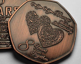 On Your 8th BRONZE WEDDING ANNIVERSARY Commemorative Coin. Bronze. Gift/Present for Couple Husband/Wife 8 Years of Marriage