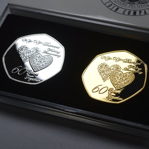 Pair of 60th DIAMOND WEDDING ANNIVERSARY Silver & 24ct Gold Commemoratives. Display/Presentation Case and Gift Box. Present. 60 Years
