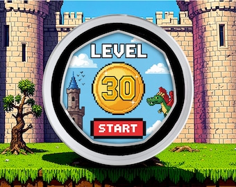 30th Birthday Full Colour Silver Commemorative Coin in Capsule. 30 Years Present Retro/Gaming Congrats Celebrating Son/Daughter/Grandson