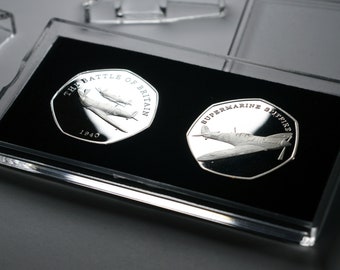 Pair of The Battle of Britain and Spitfire Silver Commemoratives in 50p Coin Display Case. WW2 1940 World War 2 Supermarine Spitfire
