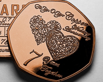 On Your 7th COPPER WEDDING ANNIVERSARY Commemorative Coin. Copper. Gift/Present for Couple/Husband/Wife. 7 Years of Marriage
