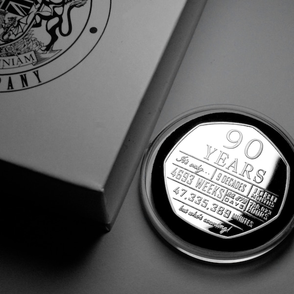 90th Birthday Silver Commemorative in Gift Box. Gift/Present. Celebrating 90 Years Ninety. Grandad/Dad/Grandma/Mum